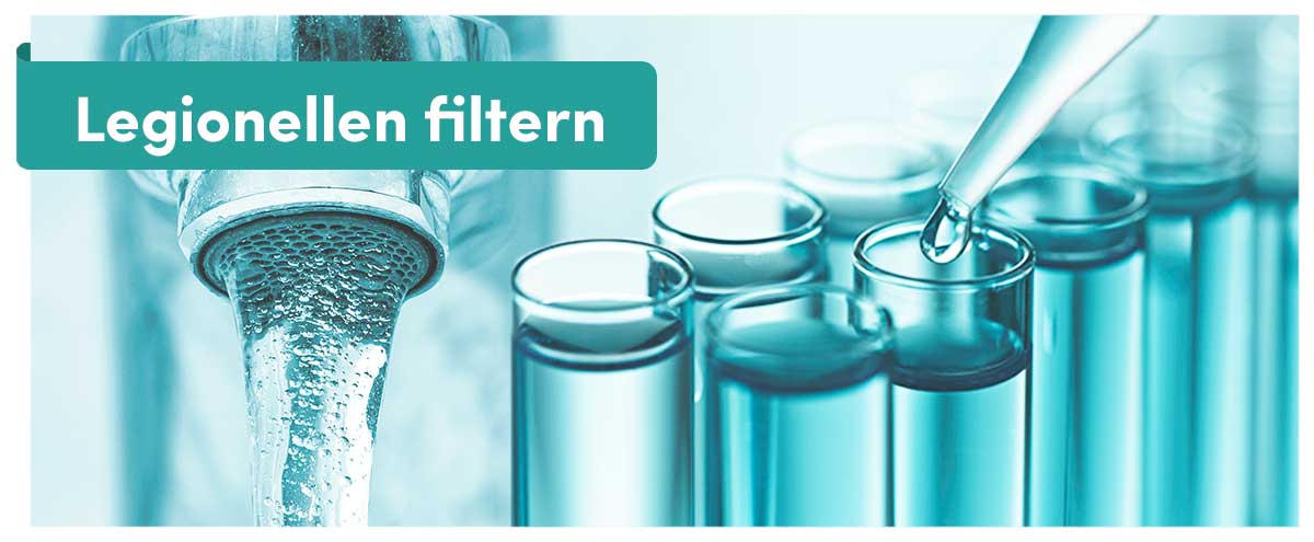 Legionellen filtern – Banner mit laufendem Wasserhahn und Reagenzgläsern mit Pipette