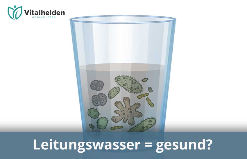 Leitungswasser = gesund? – gezeichnetes Glas mit trübem Wasser voller Mikroorganismen