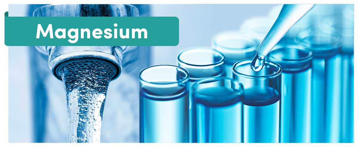 Schriftzug Magnesium über laufendem Wasserhahn und blau gefüllten Reagenzgläsern mit Pipette