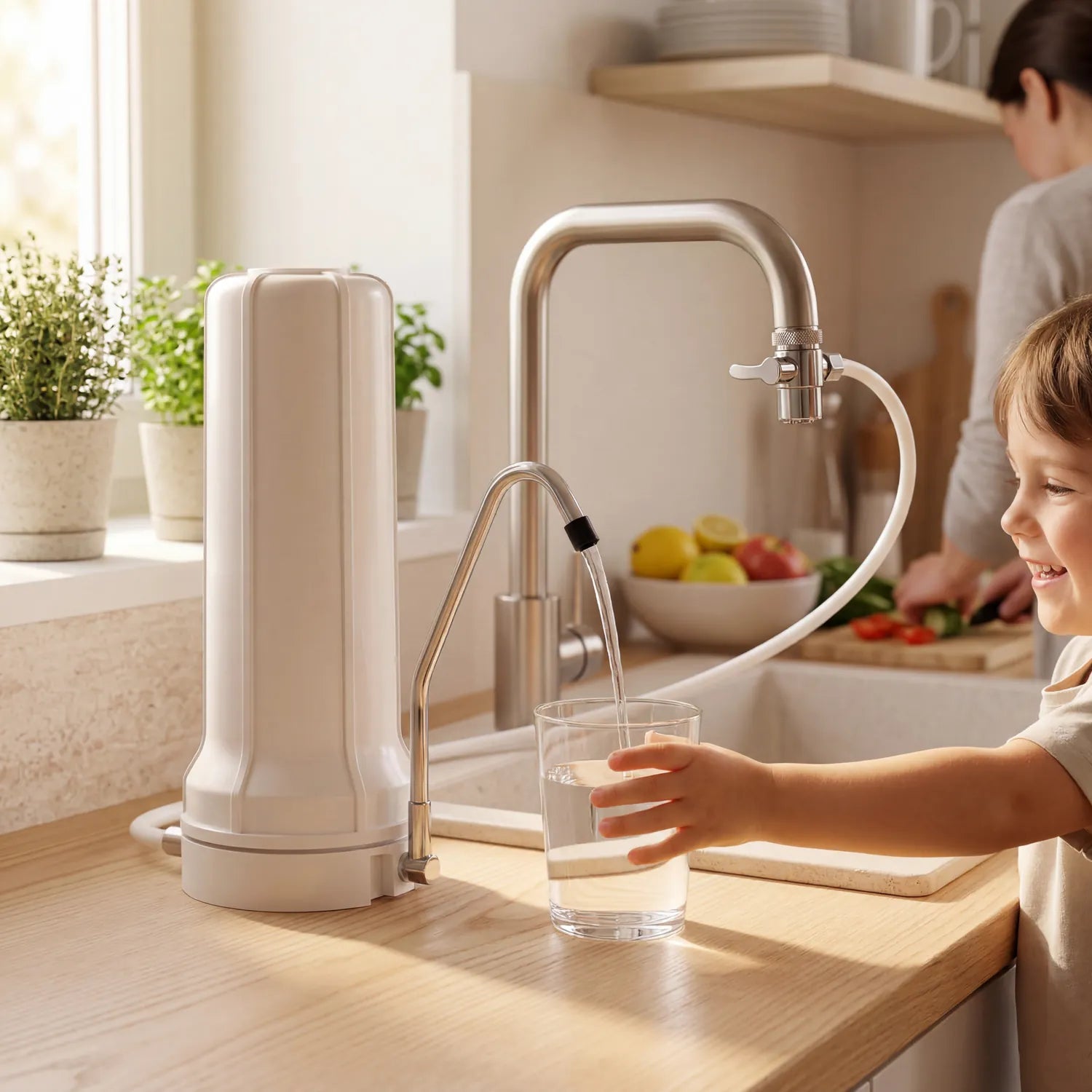 Kleiner Junge greift lächelnd nach einem Glas gefiltertem Wasser am Alvito Auftischfilter Basic – Mutter kocht im Hintergrund der hellen Küche