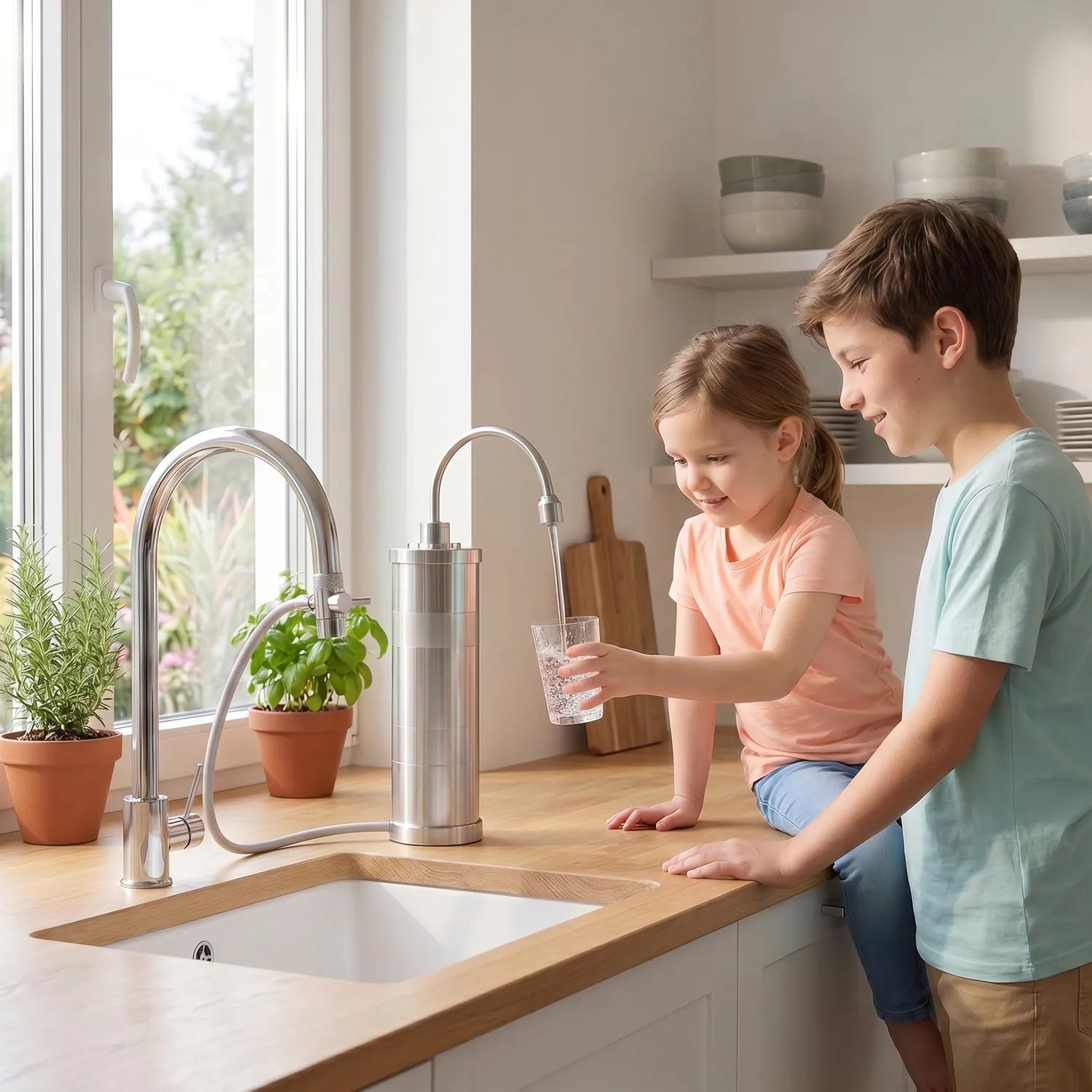 Mädchen füllt Glas gefiltertes Wasser am Alvito Auftischfilter Inox – Bruder schaut zu, helle Küche mit Holzarbeitsplatte und Kräutern am Fenster