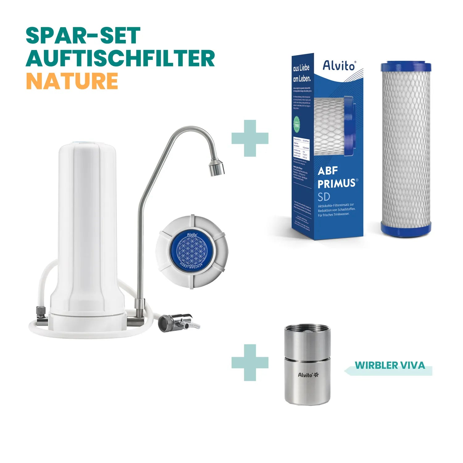 Spar-Set Auftischfilter Nature – Alvito Auftischfilter mit Edelstahlauslauf und ABF Primus SD Filtereinsatz (blaue Endkappen) mit Karton sowie Wirbler Viva Perlator, weißer Hintergrund