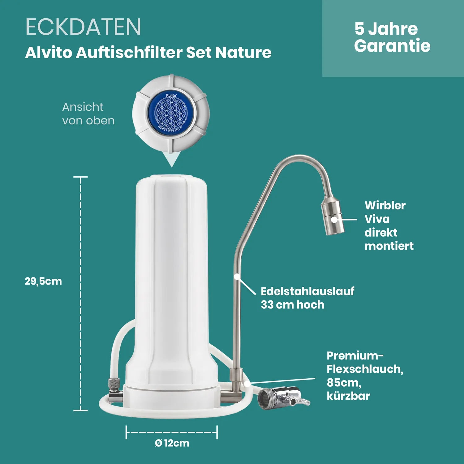Eckdaten Alvito Auftischfilter Set Nature – Höhe 29,5 cm, Ø12 cm, Edelstahlauslauf 33 cm hoch mit Wirbler Viva direkt montiert, Flexschlauch 85 cm kürzbar, 5 Jahre Garantie