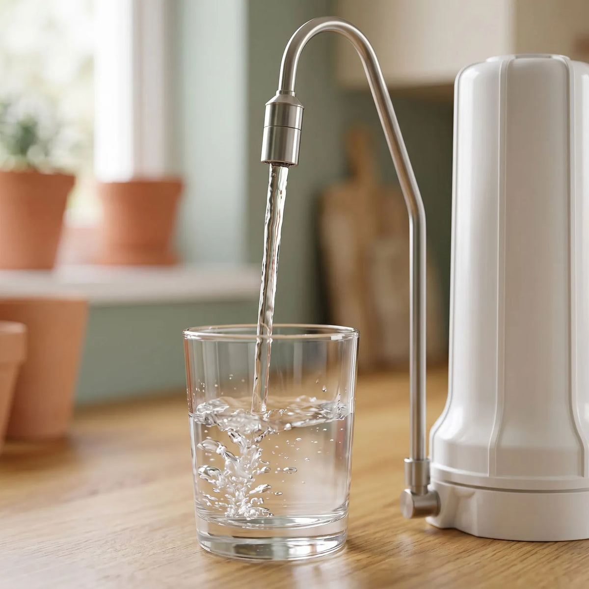 Gefiltertes Wasser fließt aus dem Edelstahlauslauf des Alvito Auftischfilters in ein klares Glas auf einem Holztisch – warme Küche mit Terrakotta-Töpfen am Fenster und grüner Wandfarbe im Hintergrund