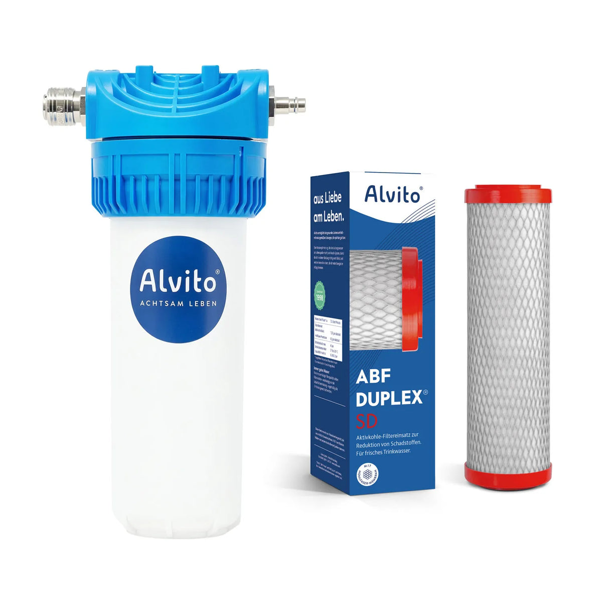 Einbaufilter Direct – Filtergehäuse neben ABF Duplex SD Verpackung und Filterkartusche mit roten Endkappen