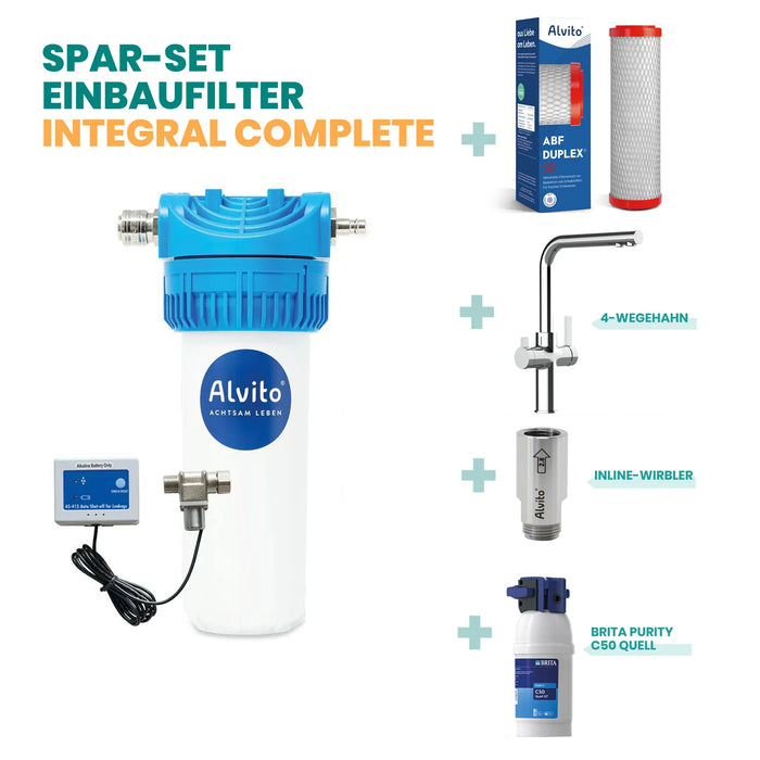 Spar-Set Einbaufilter Integral Complete – Alvito Filtergehäuse mit AS-413 Wasserstop, ABF Duplex SD Filtereinsatz (rote Endkappen, mit Karton), Chrom-4-Wegehahn (Paola Neo, L-Auslauf), Inline-Wirbler und Brita Purity C50 Quell Kalkfilter