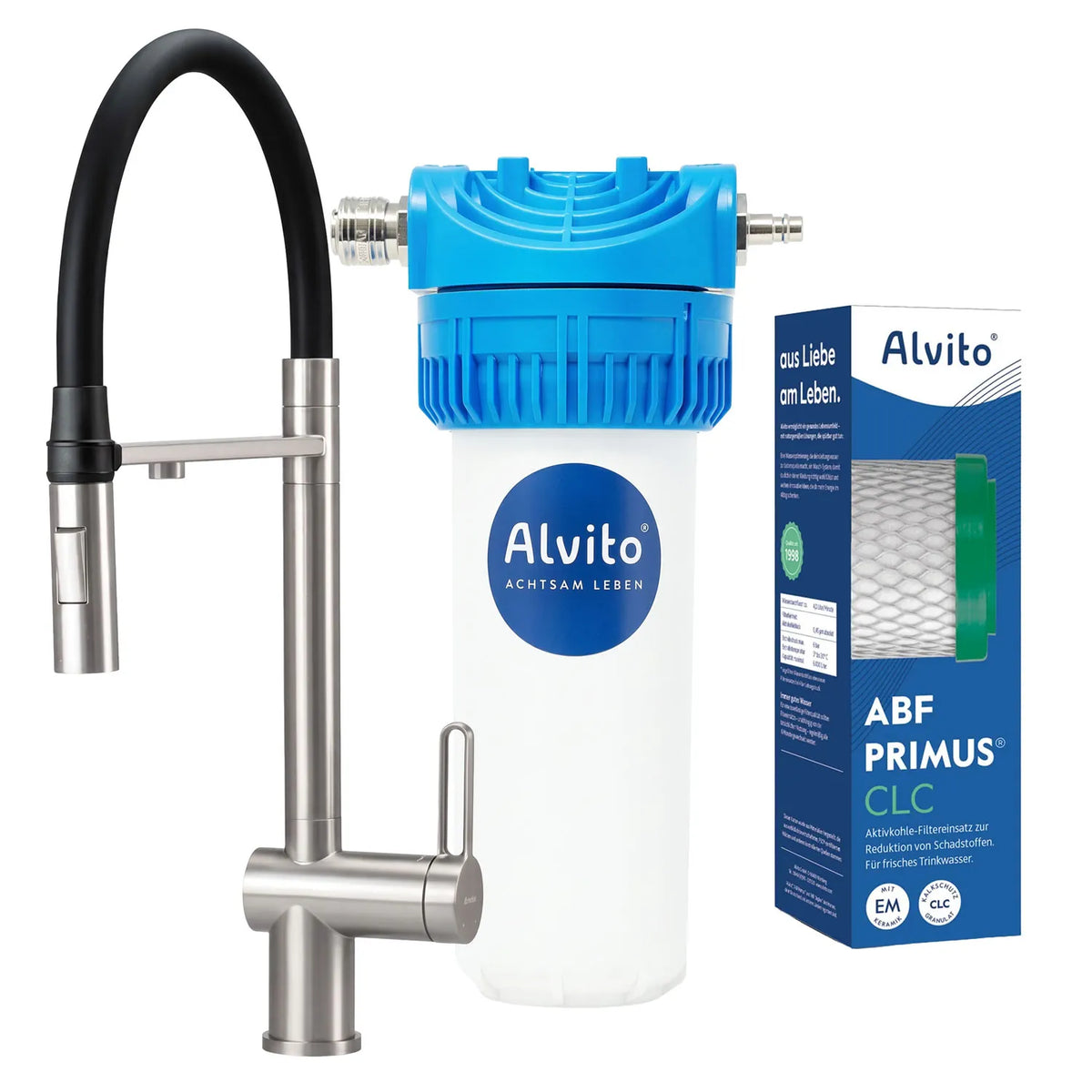 Set Integral mit Armatur Primo Edelstahl – Filtergehäuse und Verpackung Filtereinsatz Primus CLC