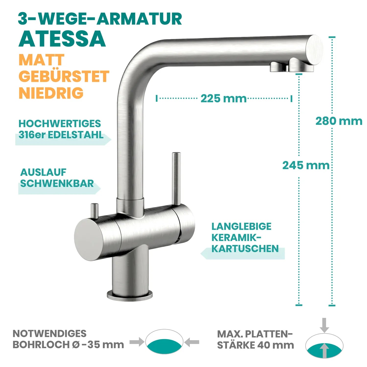 3-Wege-Armatur Atessa niedrig – hochwertiges 316er Edelstahl matt gebürstet, langlebige Keramikkartuschen, schwenkbarer Auslauf, 280 mm hoch, 225 mm Reichweite, Einbauloch 35 mm, max. Arbeitsplattendicke 40 mm