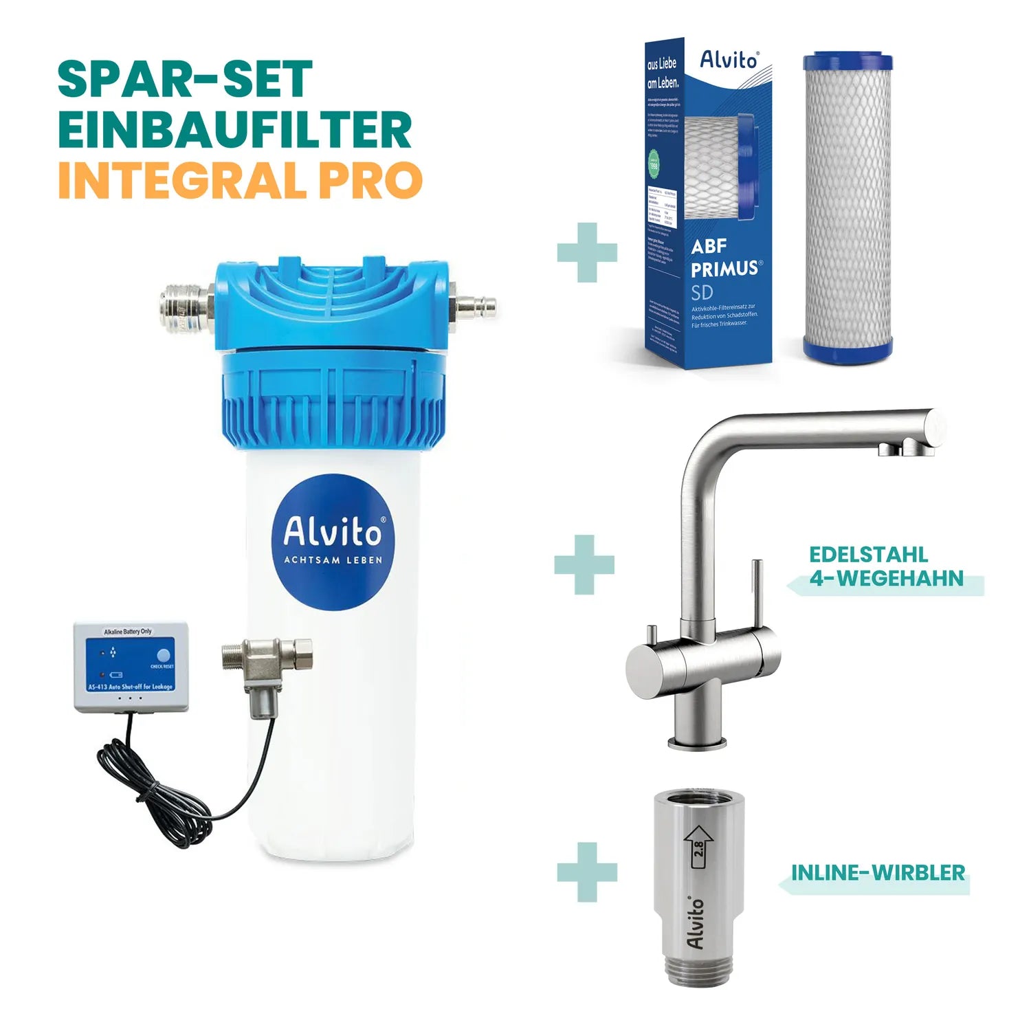 Spar-Set Einbaufilter Integral Pro – Alvito Filtergehäuse mit AS-413 Wasserstop, ABF Primus SD Filtereinsatz (blaue Endkappen), gebürsteter 316er-Edelstahl-4-Wegehahn niedrig (Atessa) und Inline-Wirbler; ohne Kalkfilter