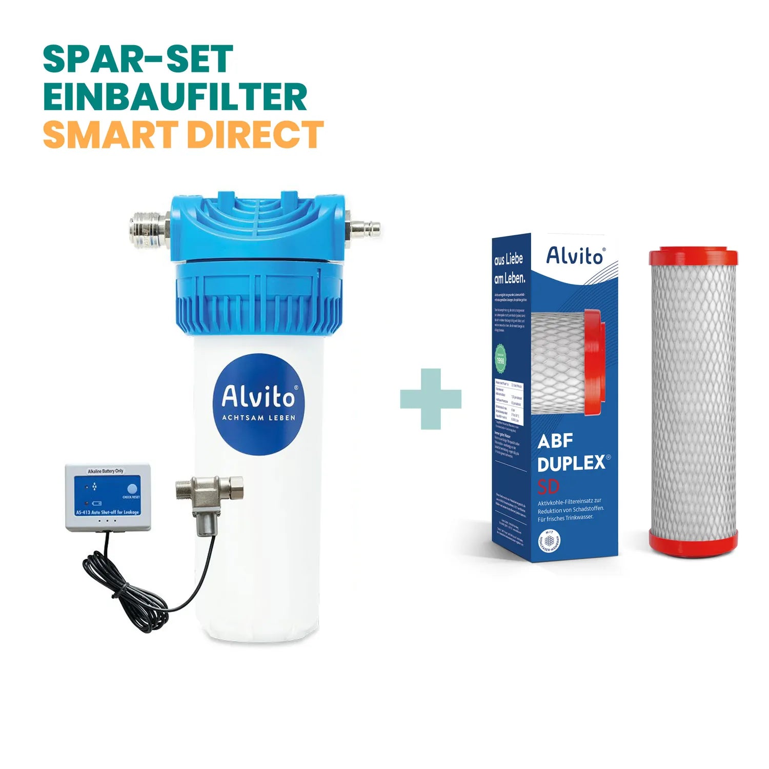 Spar-Set Einbaufilter Smart Direct – Alvito Filtergehäuse mit AS-413 Wasserstop und ABF Duplex SD Filtereinsatz (rote Endkappen, mit Karton); kein eigener Hahn, kein Wirbler – für Einbauvariante C (bestehender Hahn)