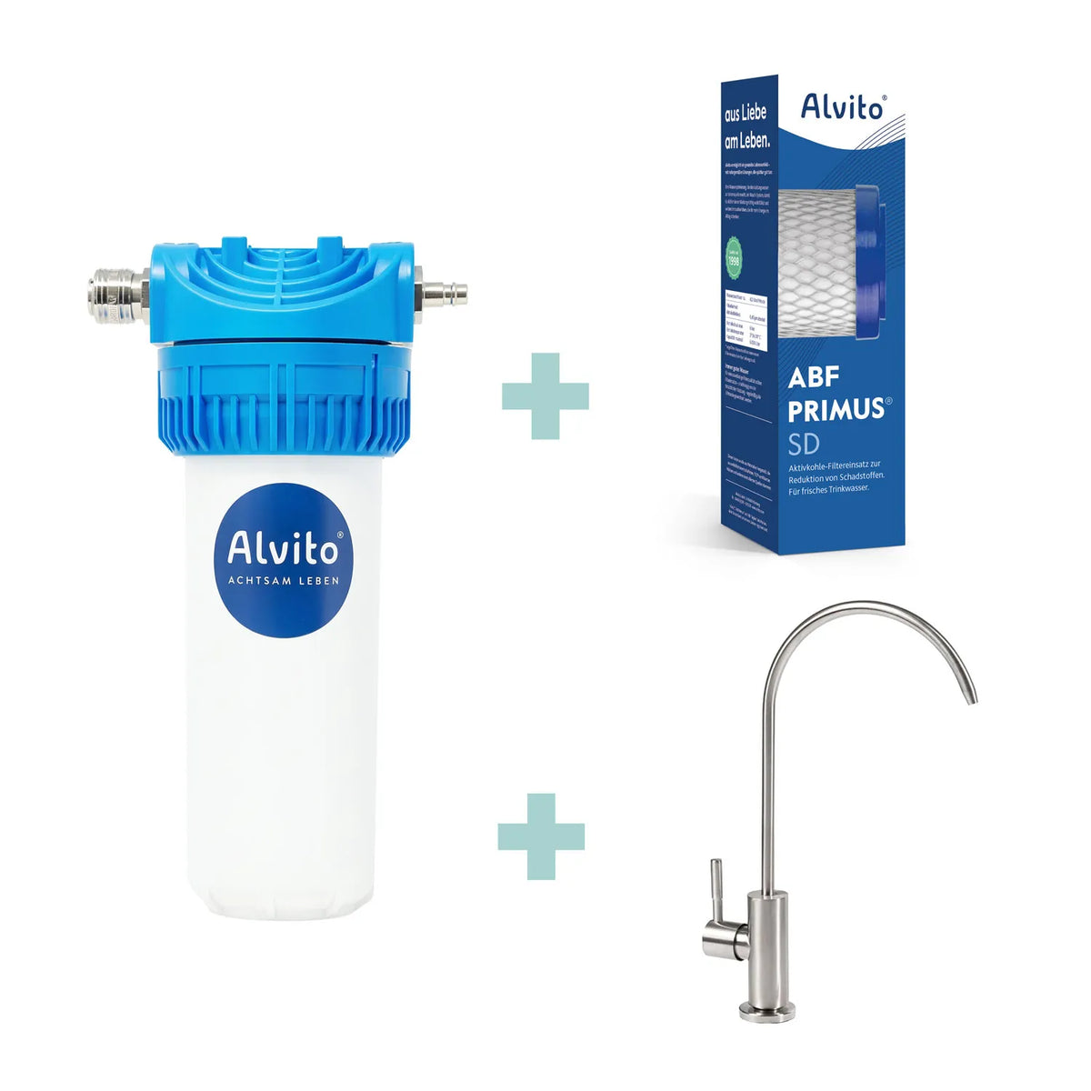 Split Spar-Set – Einbaufilter-Modul Basic plus ABF Primus SD und Trinkwasserhahn Genua Inox, verbunden durch Plus-Zeichen