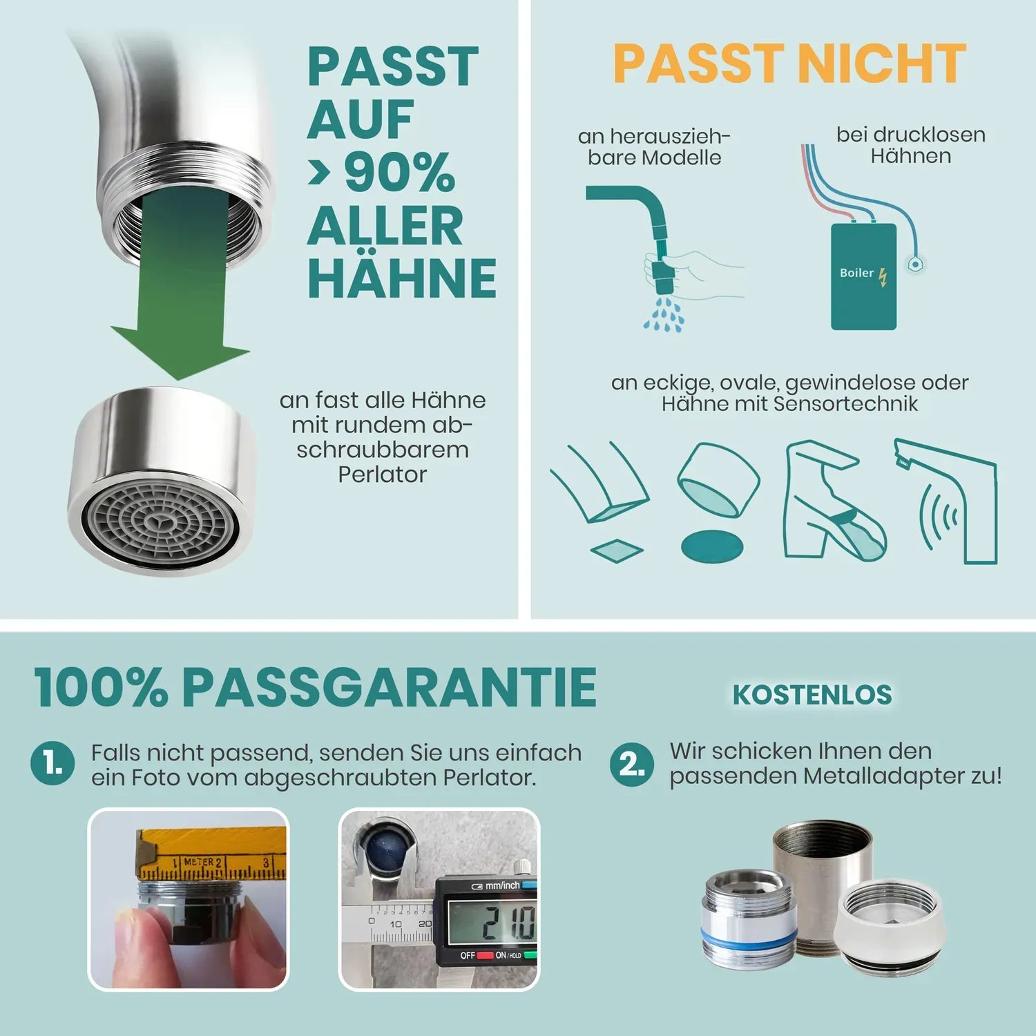 Adapter-Infografik Vitalhelden Auftischfilter – passt auf über 90 % aller Hähne mit rundem Perlator; nicht geeignet für herausziehbare Modelle, drucklose Boiler oder Sensortechnik; 100 % Passgarantie inklusive
