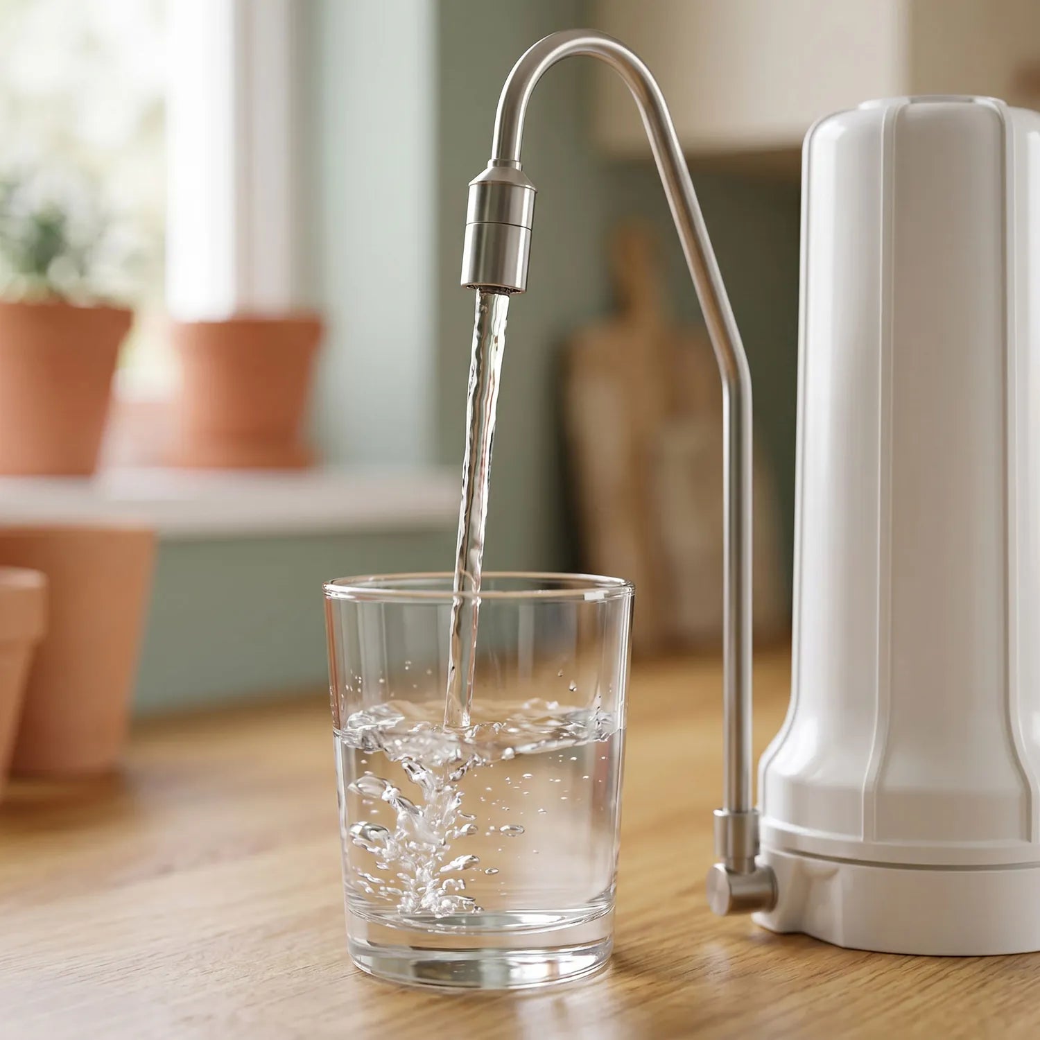 Gefiltertes Wasser fließt aus dem Edelstahlauslauf des Vitalhelden Auftischfilters in ein klares Glas auf einem Holztisch – warme Küche mit Terrakotta-Töpfen am Fenster und grüner Wandfarbe im Hintergrund