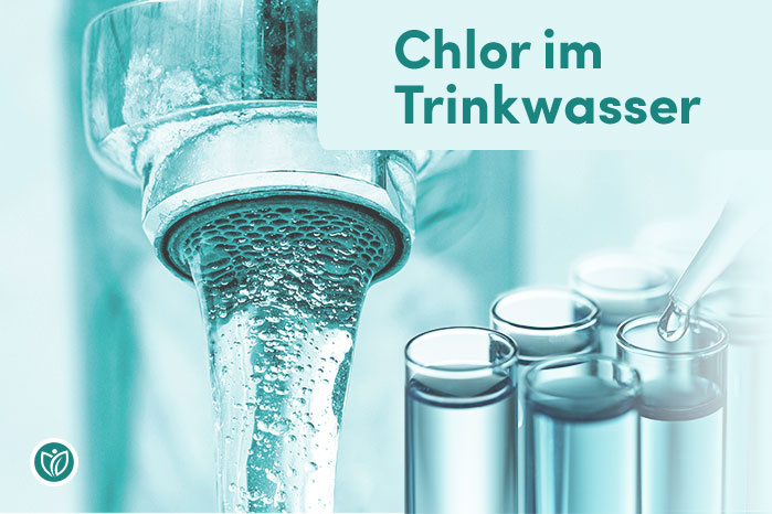 Chlor im Trinkwasser – türkis getöntes Titelbild mit Wasserstrahl und Laborgläsern