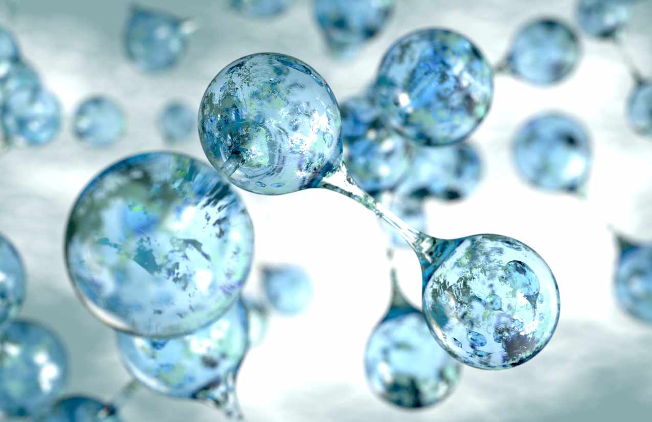 3D-Rendering blauer Molekülkugeln mit Verbindungen als Sinnbild für Wassermoleküle
