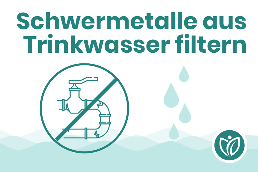 Schwermetalle aus Trinkwasser filtern – durchgestrichenes Rohrleitungssymbol neben Wassertropfen