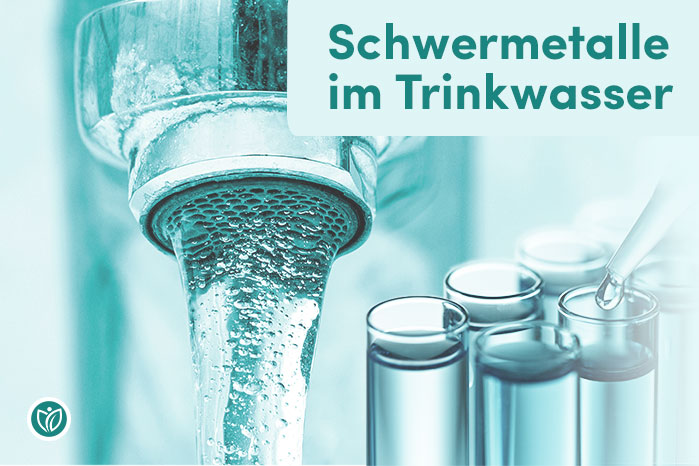 Schwermetalle im Trinkwasser – Titelgrafik mit laufendem Wasserhahn und Wasserproben in Reagenzgläsern