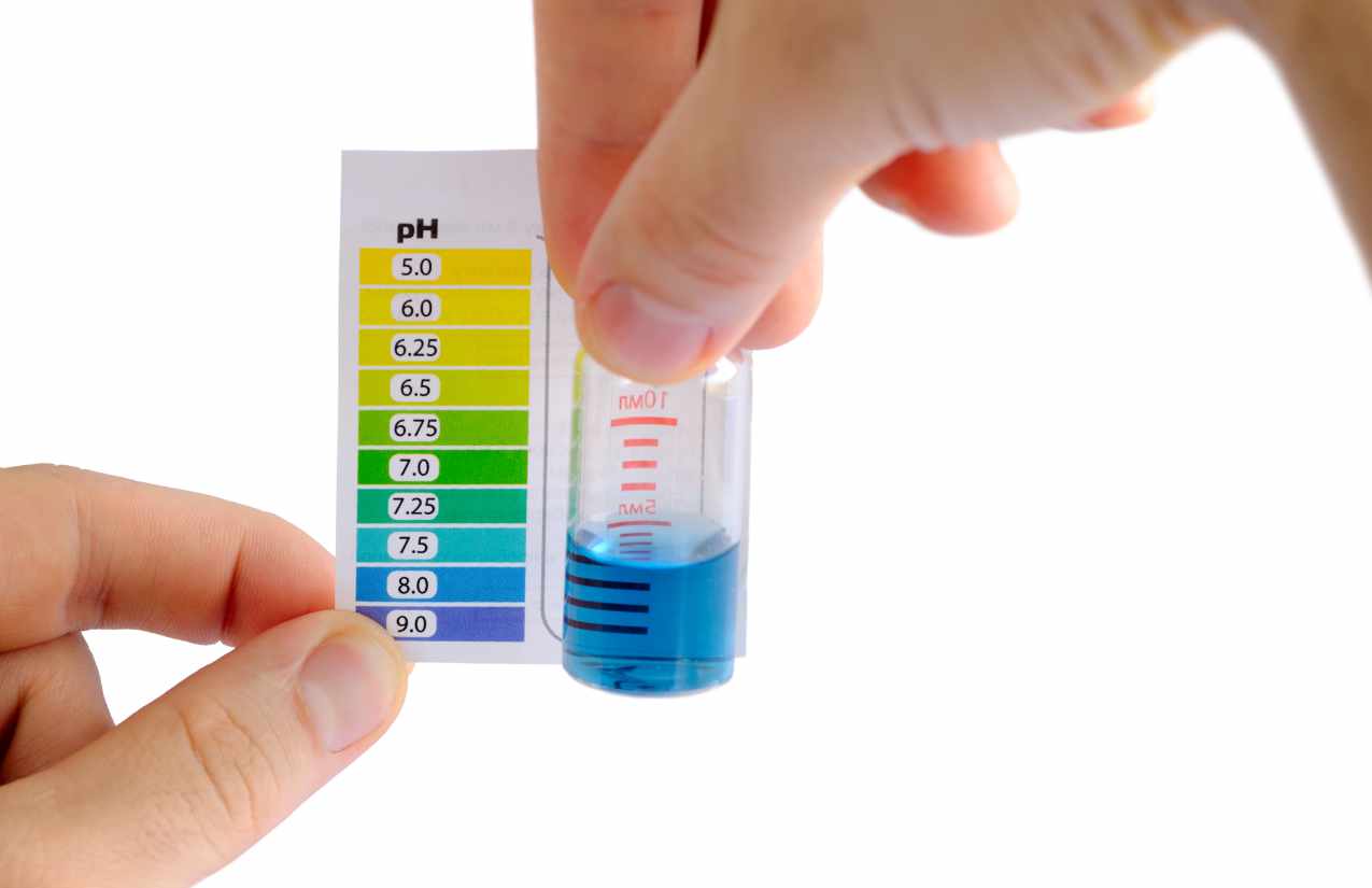pH-Test einer Wasserprobe – Teströhrchen mit blauer Flüssigkeit vor Farbskala von 5,0 bis 9,0
