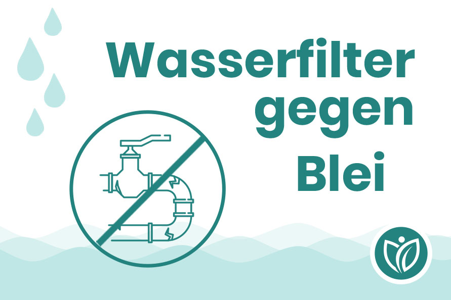 Wasserfilter gegen Blei – durchgestrichenes Rohrleitungssymbol mit Wassertropfen auf Türkis