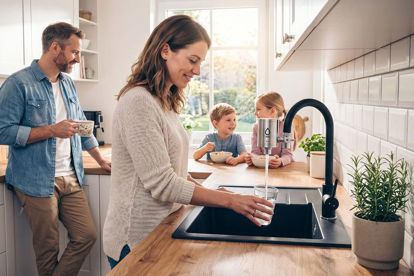 Familie in moderner Küche – Mutter füllt Glas am Alb Wasserfilter, Kinder frühstücken