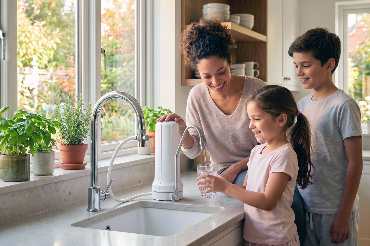Mutter mit zwei Kindern befüllt Glas am weißen Wasserfilter in heller Küche mit Herbstgarten
