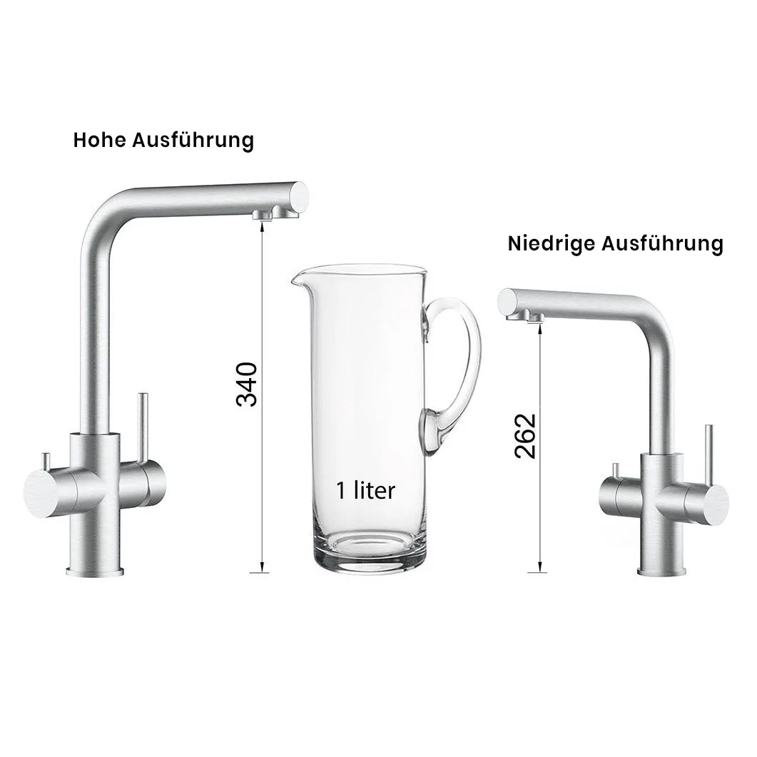 5-Wege-Armatur Lago Edelstahl matt – Größenvergleich niedrige und hohe Variante