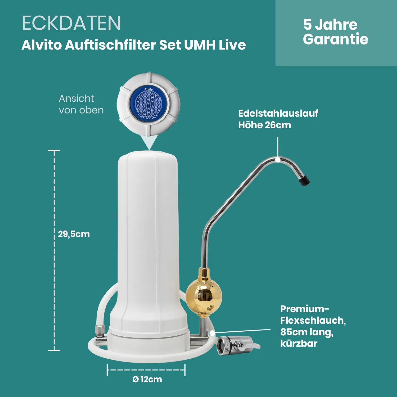 Eckdaten Alvito Auftischfilter Set UMH Live – Höhe 29,5 cm, Ø12 cm, Edelstahlauslauf Höhe 26 cm, UMH Live Gold Vitalisierer am Auslauf, Flexschlauch 85 cm kürzbar, 5 Jahre Garantie