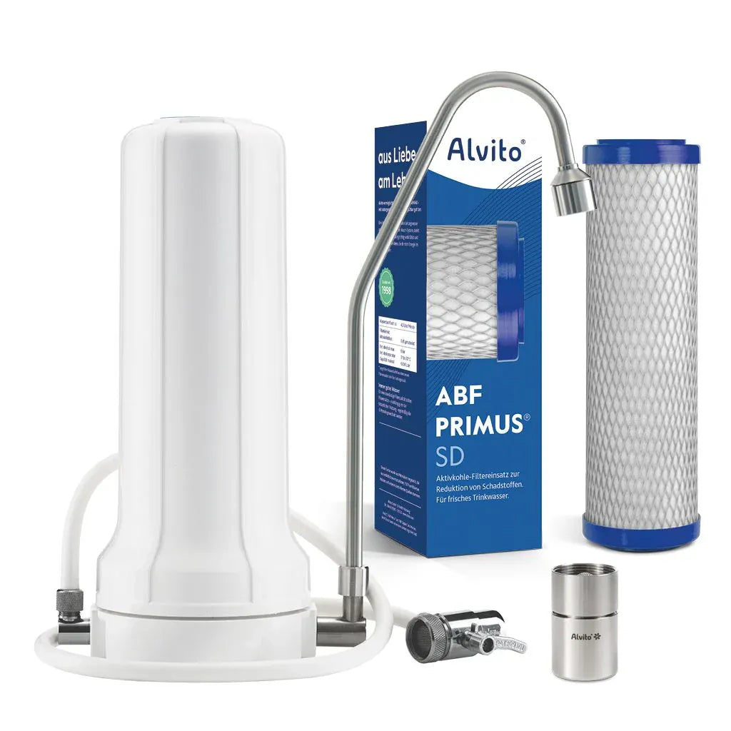 Alvito Auftischfilter Vital – alle Set-Teile mit weißem Gehäuse, Filtereinsatz, Umlenkventil und Wirbler Viva