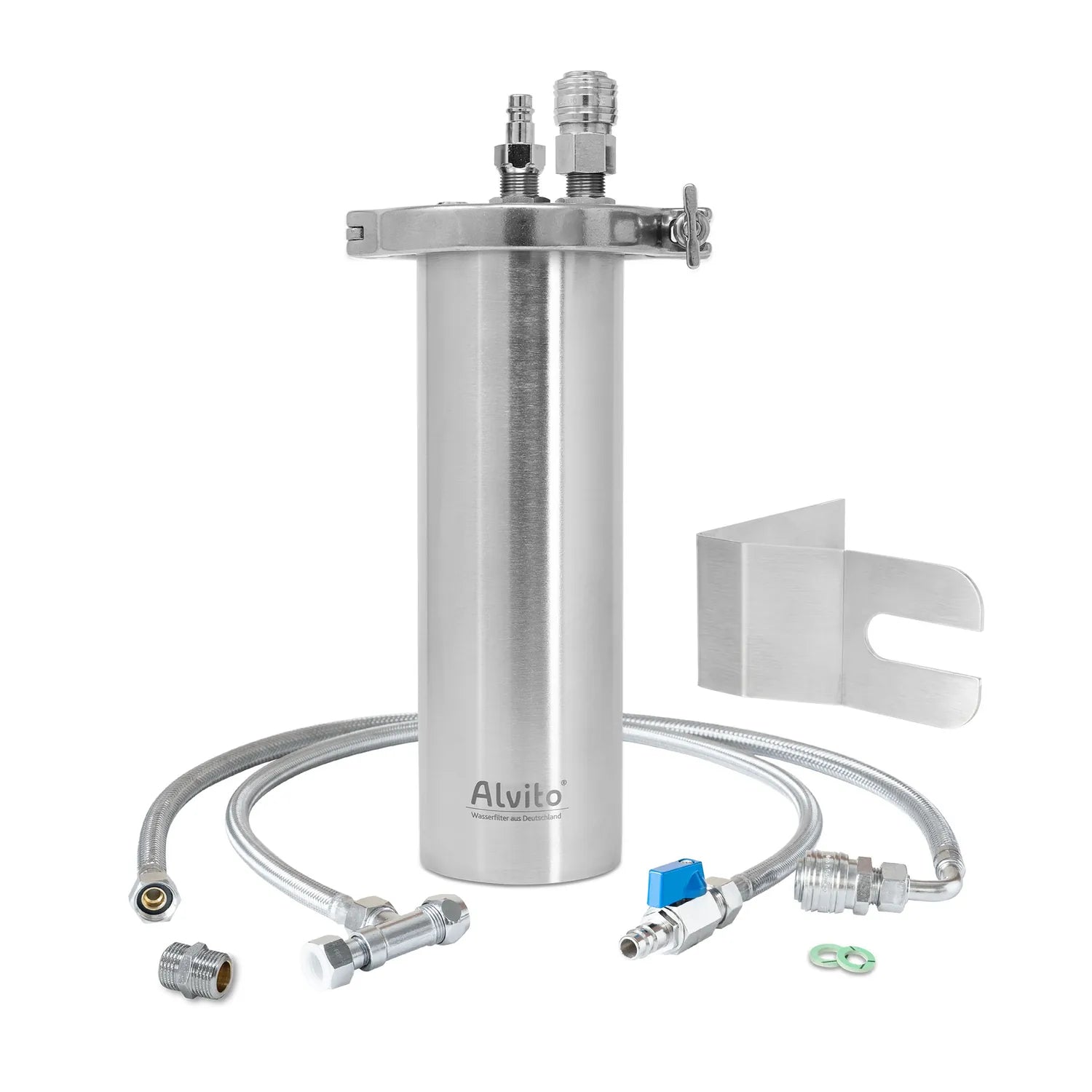 Alvito Inox T Einbaufilter-Set freigestellt – gebürstetes Edelstahlgehäuse mit Wandhalterung und Schnellkupplungen, zwei Flexschläuche, Winkelfittings, O-Ringe und Edelstahl-Montagebügel; weißer Hintergrund