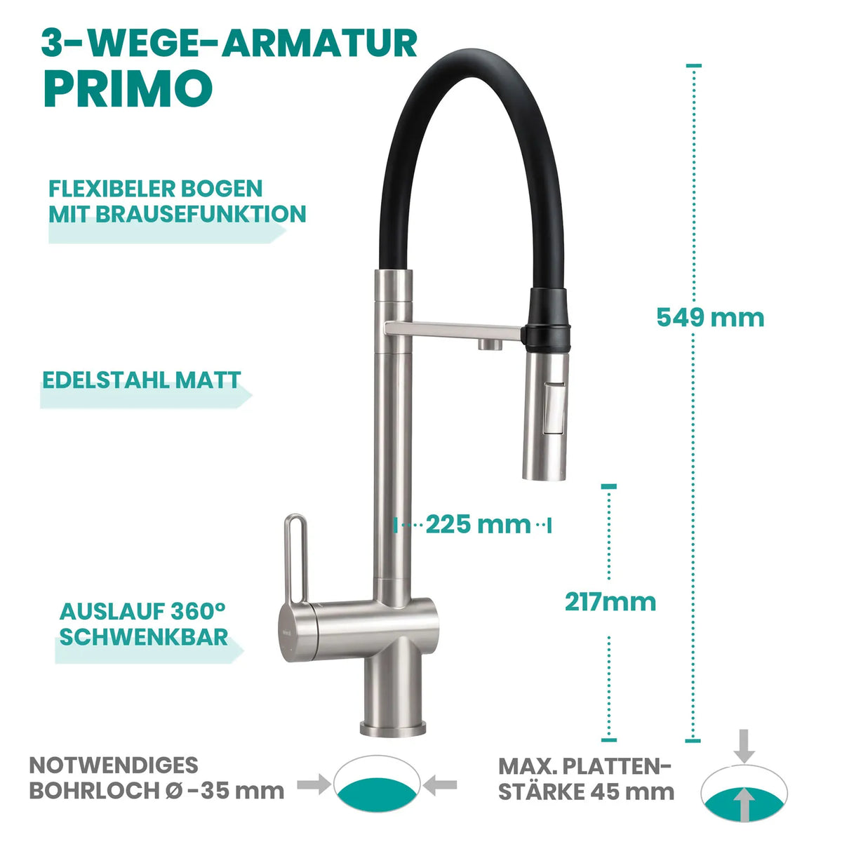 3-Wege-Armatur Primo Edelstahl matt – Maßgrafik mit flexiblem schwarzem Bogen und Brausefunktion