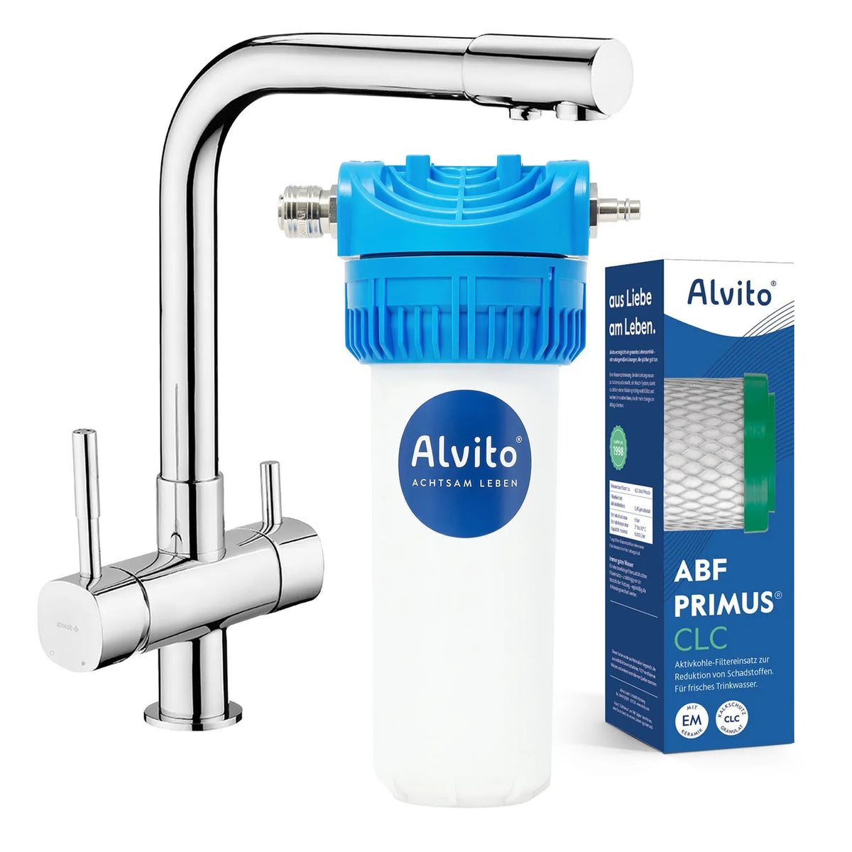 Untertischfilter mit Basico-L verchromt – Gehäuse und Primus CLC Filterkarton nebeneinander