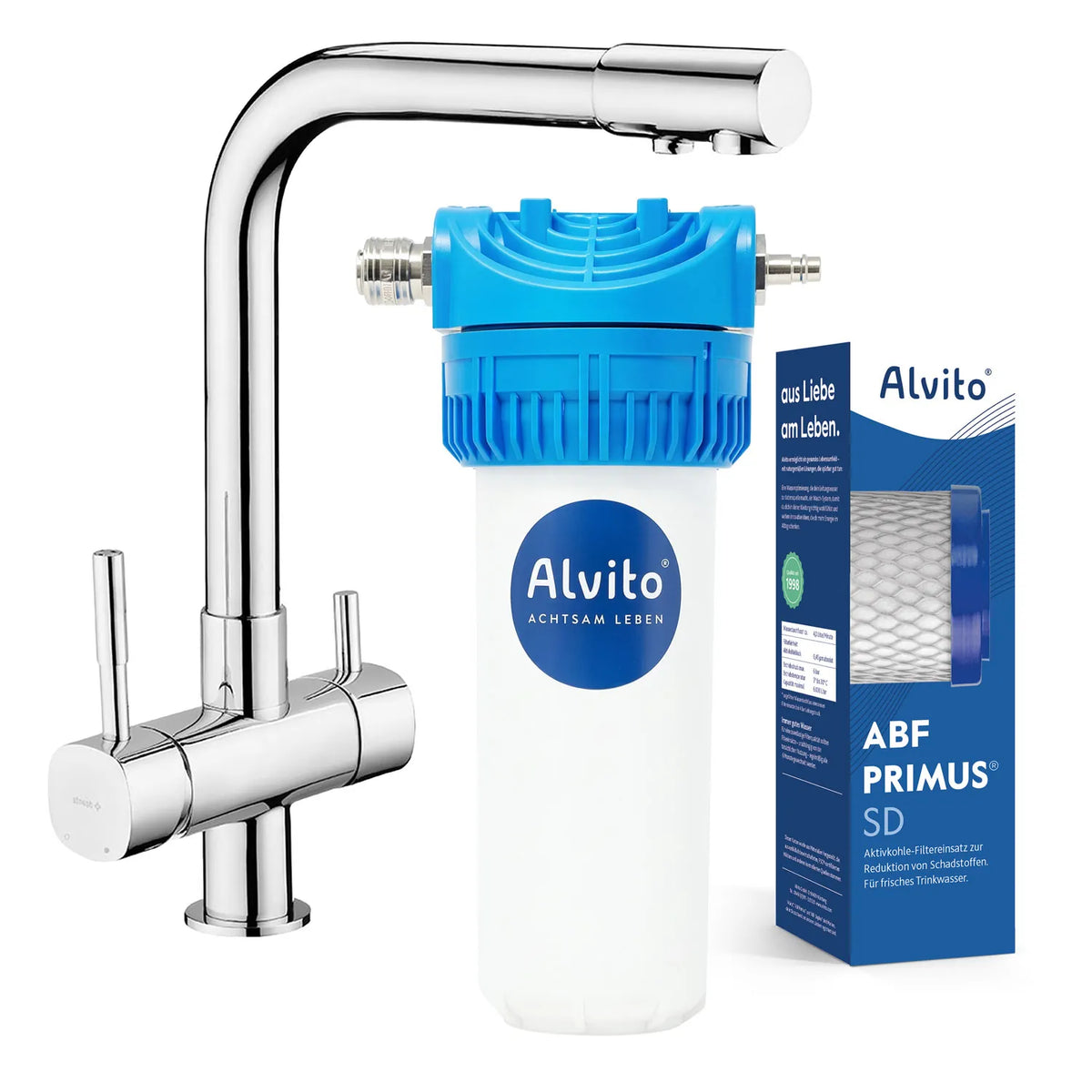 Set Integral mit Armatur Basico-L verchromt – Filtergehäuse und Verpackung Filtereinsatz Primus SD