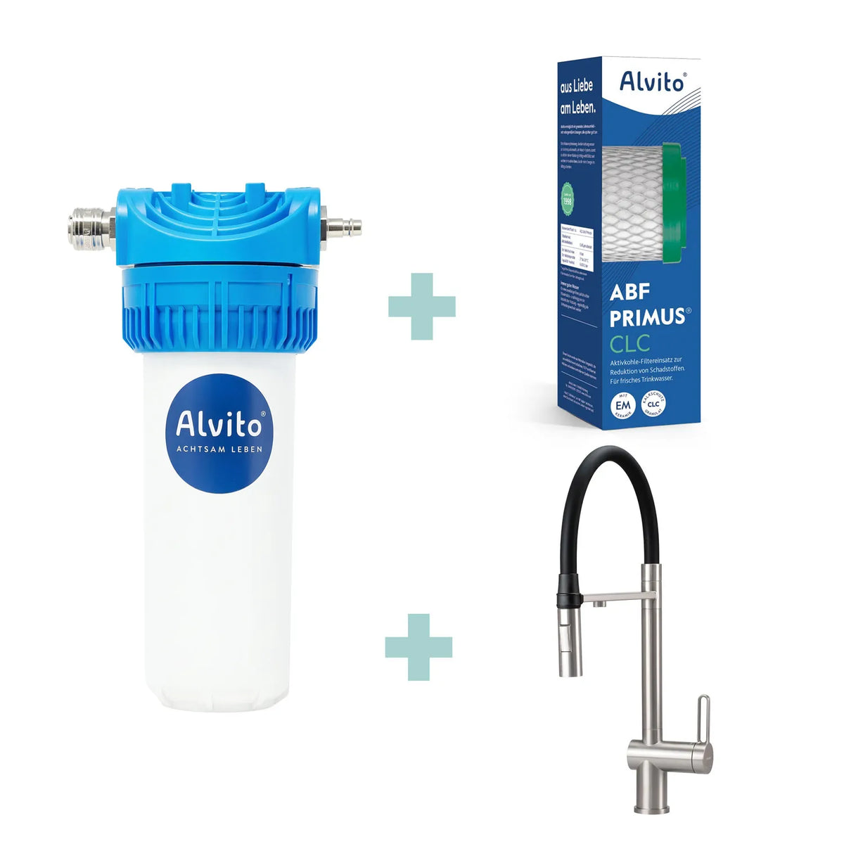 Spar-Set mit Filtereinsatz Primus CLC – Gehäuse plus Armatur Primo Edelstahl mit Brausebogen