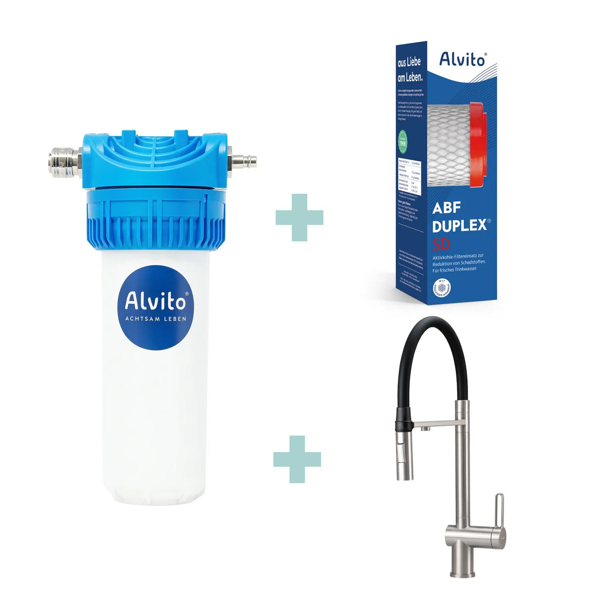Spar-Set mit Filtereinsatz Duplex SD – Gehäuse plus Armatur Primo Edelstahl mit Brausebogen