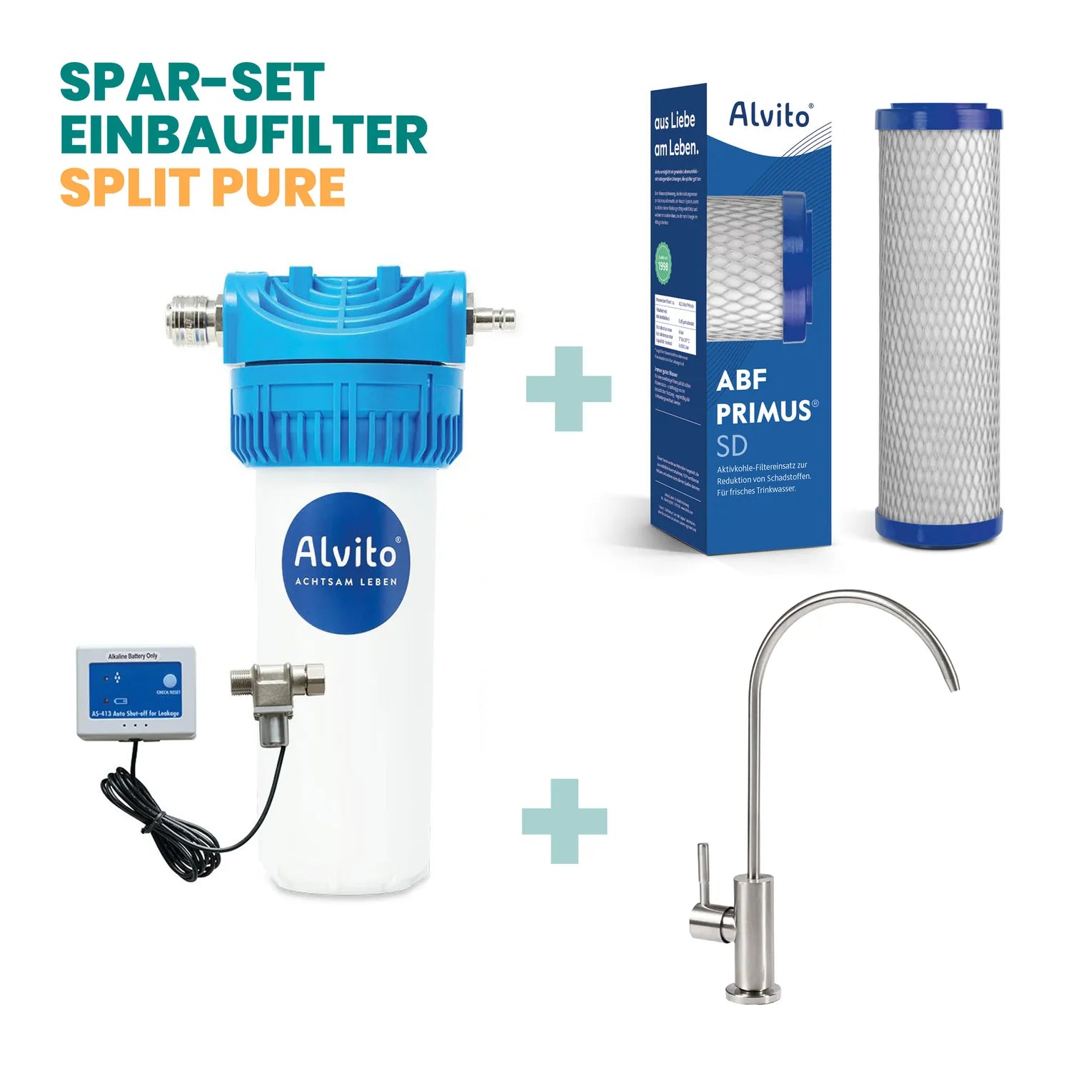 Spar-Set Einbaufilter Split Pure – Alvito Filtergehäuse mit AS-413 Wasserstop, ABF Primus SD Filtereinsatz (blaue Endkappen, mit Karton) und Edelstahl-Beistellhahn (Genua Inox); ohne Inline-Wirbler und Kalkfilter