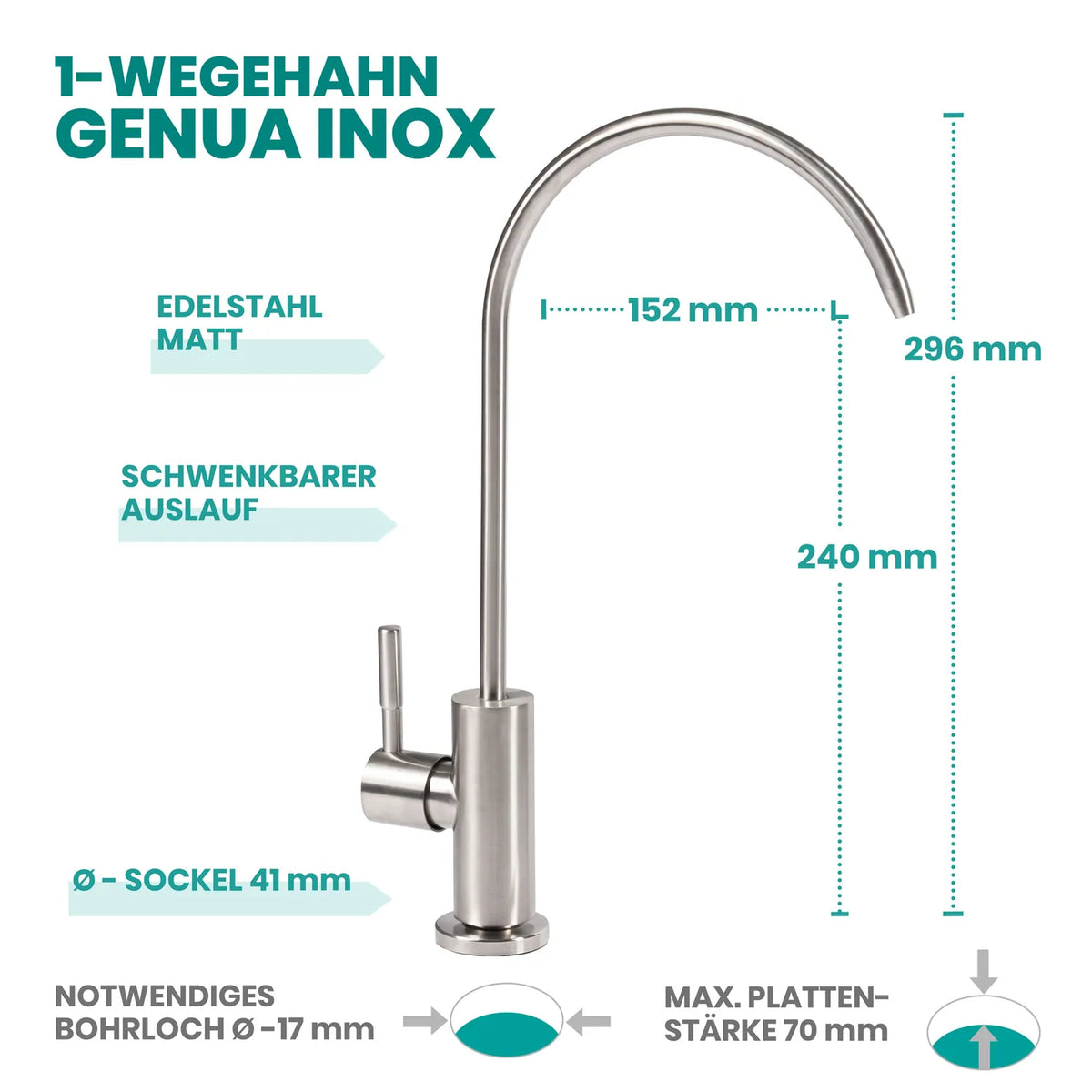 1-Wegehahn Genua Inox – Feature-Grafik mit Maßangaben, Edelstahl matt und schwenkbarem Auslauf