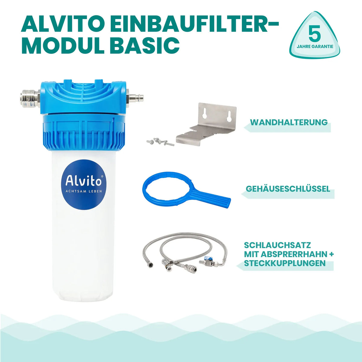 Lieferumfang Einbaufilter-Modul Basic – Gehäuse, Wandhalterung, Gehäuseschlüssel und Schlauchsatz