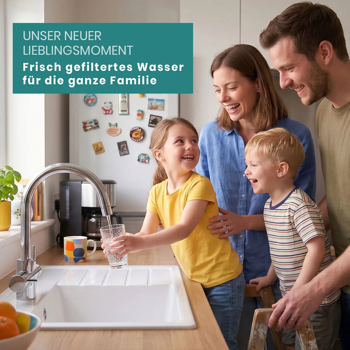 Mädchen füllt Glas Wasser am Hahn, Mutter und Bruder daneben, Vater dahinter – warme helle Küche mit Holzarbeitsplatte; Text-Overlay: „Unser neuer Lieblingsmoment – Frisch gefiltertes Wasser für die ganze Familie"