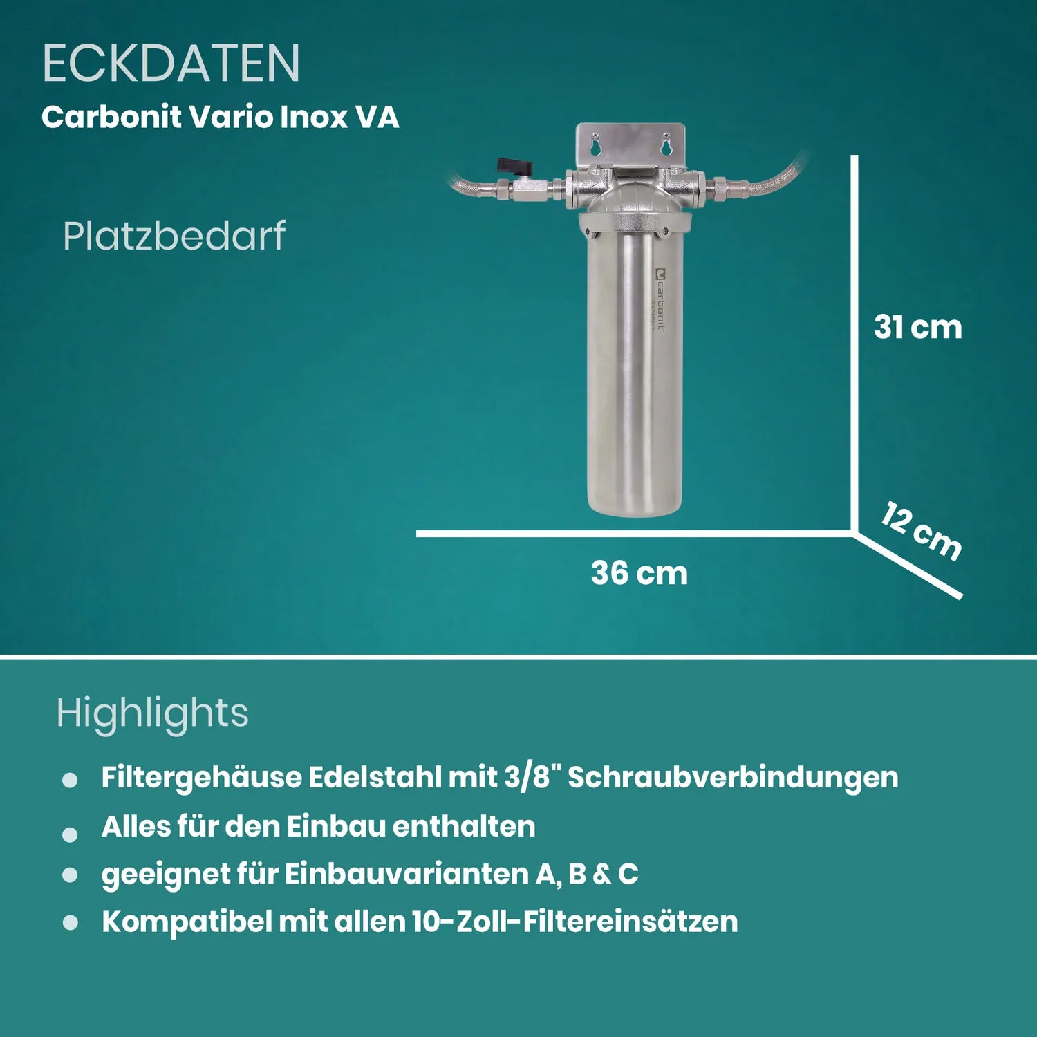 Eckdaten Carbonit Vario Inox VA Einbaufilter – Platzbedarf 36 cm breit, 31 cm hoch, 12 cm tief; Highlights: Edelstahlgehäuse mit 3/8″-Schraubverbindungen, alles für Einbauvarianten A, B & C enthalten, kompatibel mit allen 10-Zoll-Filtereinsätzen