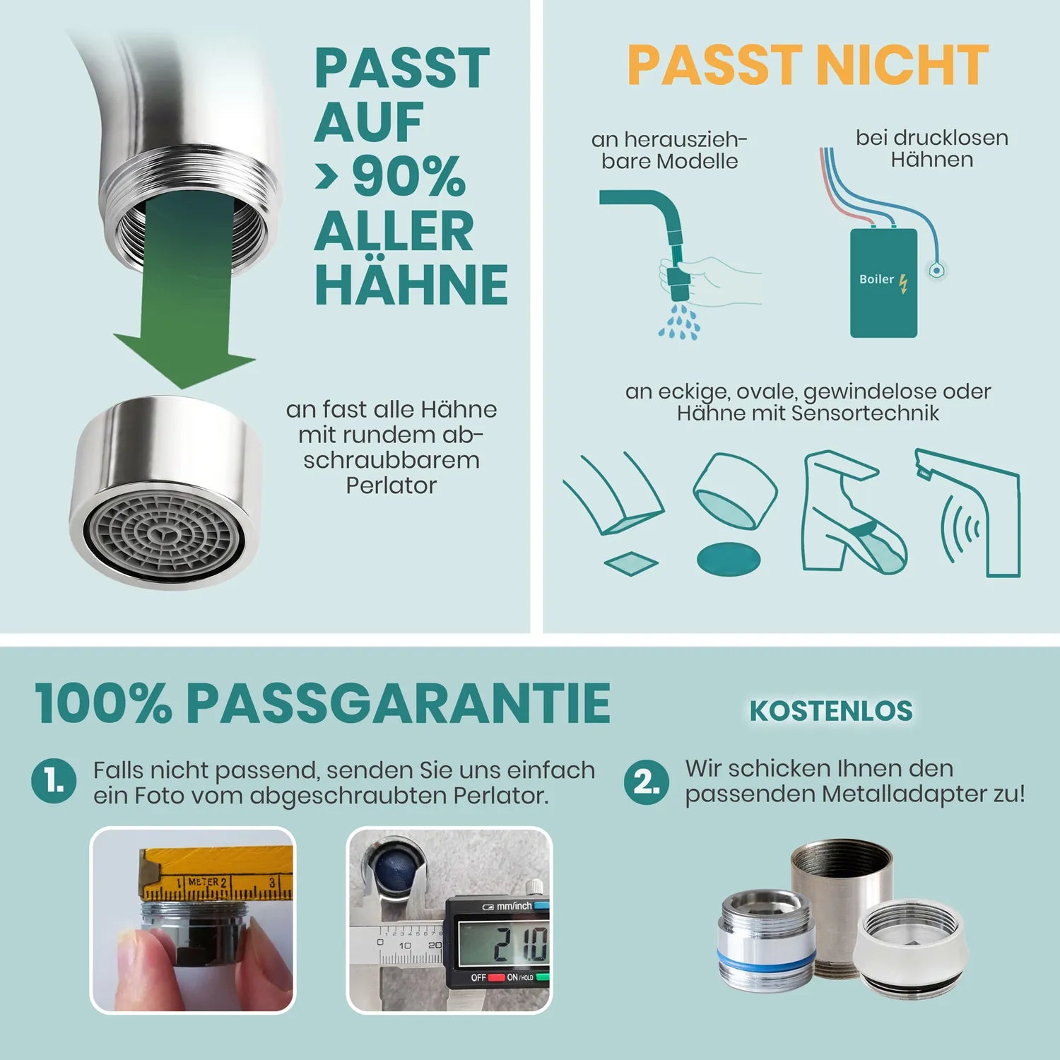 Infografik: Auftischfilter passt auf fast alle Hähne – 100 % Passgarantie, kostenloser Metalladapter bei Nichtpassen