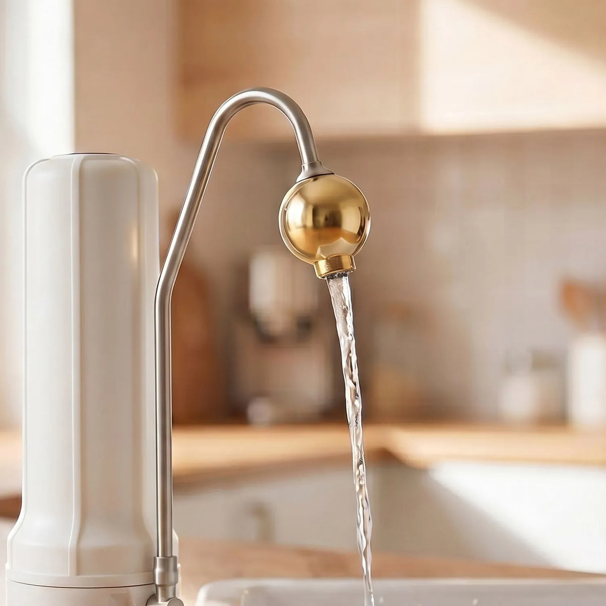 UMH Live in Gold am Auslauf eines weißen Auftischfilters – Wasser läuft in einer Küche